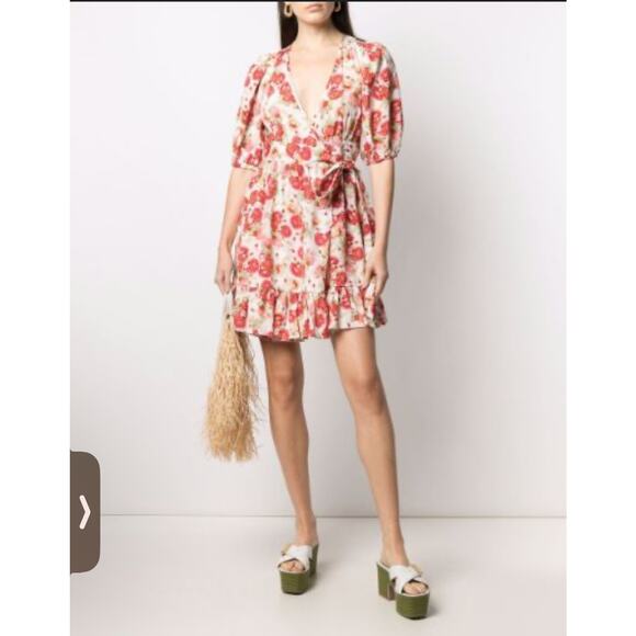 ByTimo Womens Mini Wrap Dress Puff Sleeves Ruffle Hem Floral Print Red Size XS